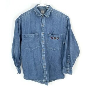VTG Gap Men Med Denim L/Sleeve Shirt Embroidered Flags Crests Made In Korea 90s